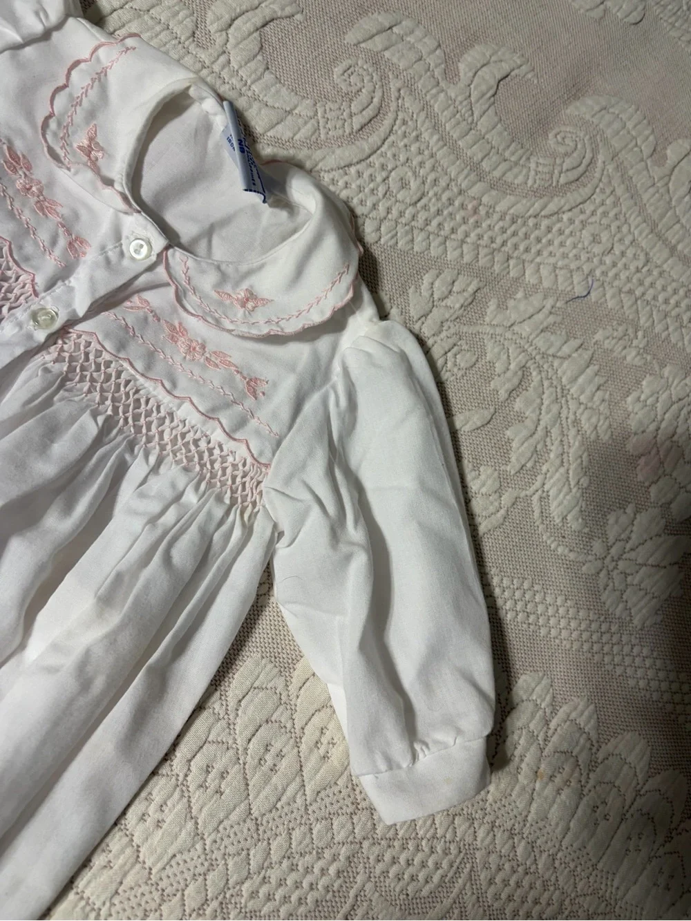 Carriage Boutique White Sleep Sack with Pink Smocking smoked gown